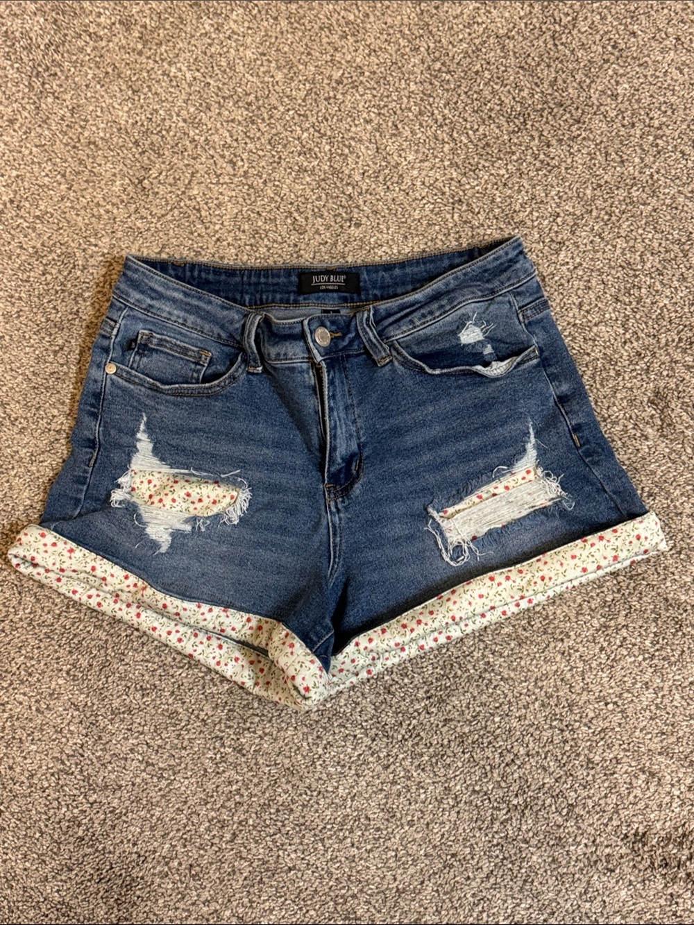 Judy Blue Medium Wash Distressed Denim Shorts with Floral Trim